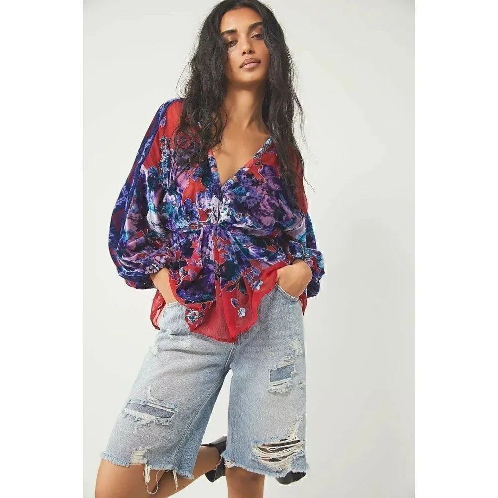 NWT FREE PEOPLE BONNIE BURNOUT VELVET TOP IN RED COMBO
